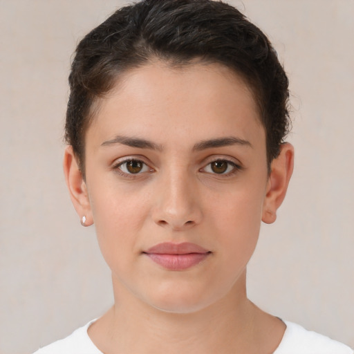 Neutral white young-adult female with short  brown hair and brown eyes