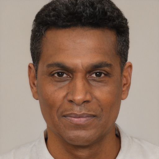 Joyful black adult male with short  black hair and brown eyes