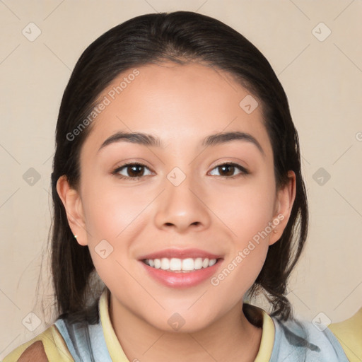 Joyful white young-adult female with medium  brown hair and brown eyes