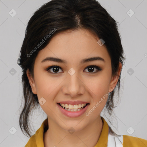 Joyful latino young-adult female with medium  brown hair and brown eyes