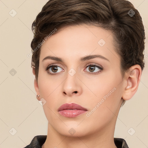 Neutral white young-adult female with short  brown hair and brown eyes