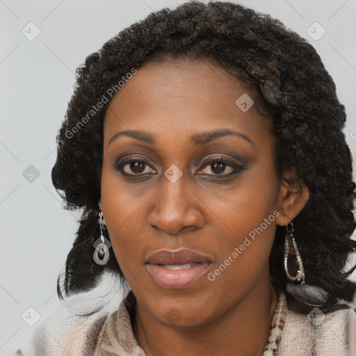 Joyful black adult female with long  black hair and brown eyes