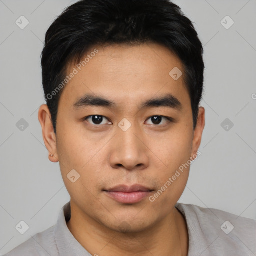 Neutral asian young-adult male with short  black hair and brown eyes