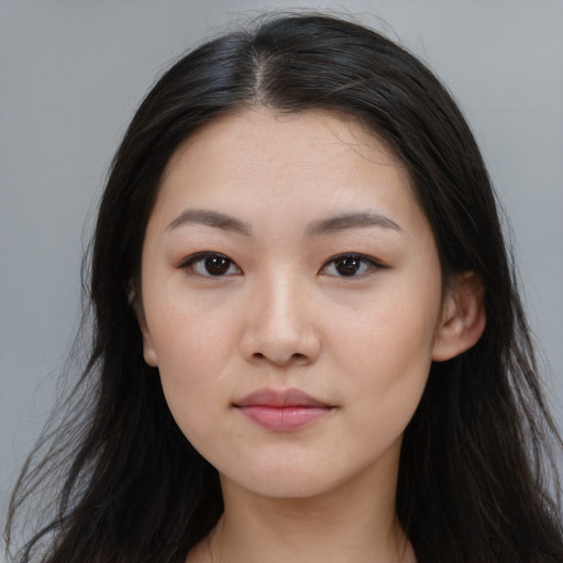 Neutral asian young-adult female with long  brown hair and brown eyes