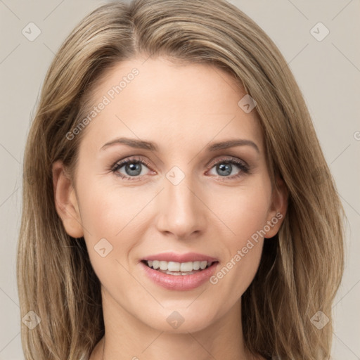 Joyful white young-adult female with long  brown hair and grey eyes