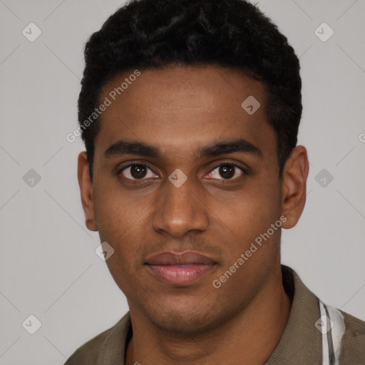 Neutral black young-adult male with short  black hair and brown eyes