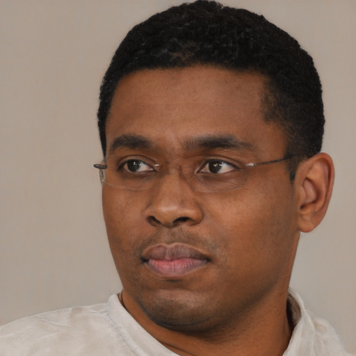 Neutral black young-adult male with short  black hair and brown eyes