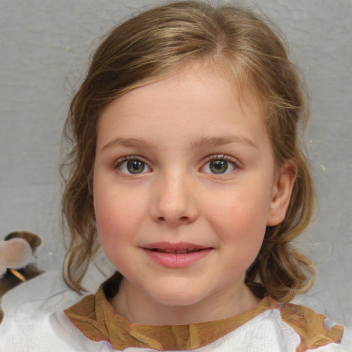 Joyful white child female with medium  brown hair and blue eyes