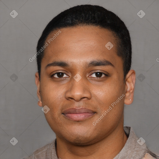 Joyful latino young-adult male with short  black hair and brown eyes