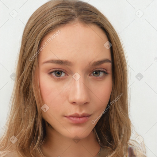 Neutral white young-adult female with long  brown hair and brown eyes