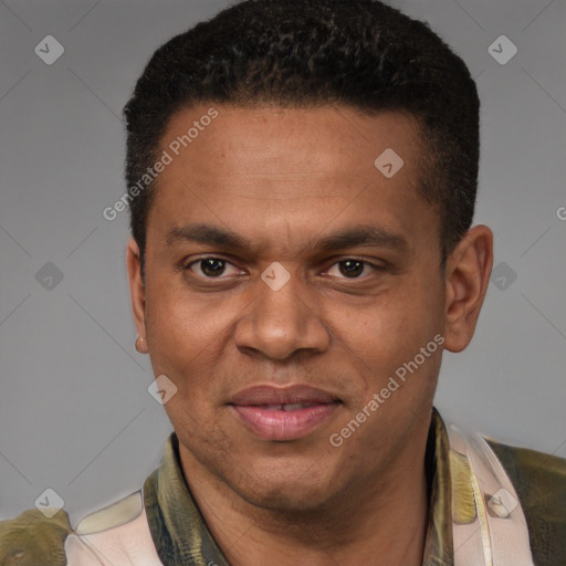 Joyful latino adult male with short  black hair and brown eyes