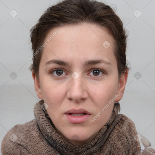 Neutral white young-adult female with short  brown hair and grey eyes