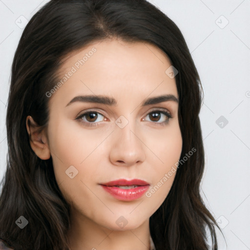 Neutral white young-adult female with long  brown hair and brown eyes