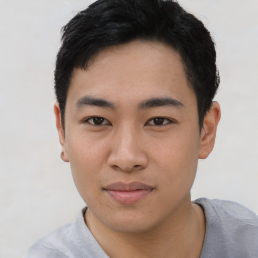 Neutral asian young-adult male with short  black hair and brown eyes