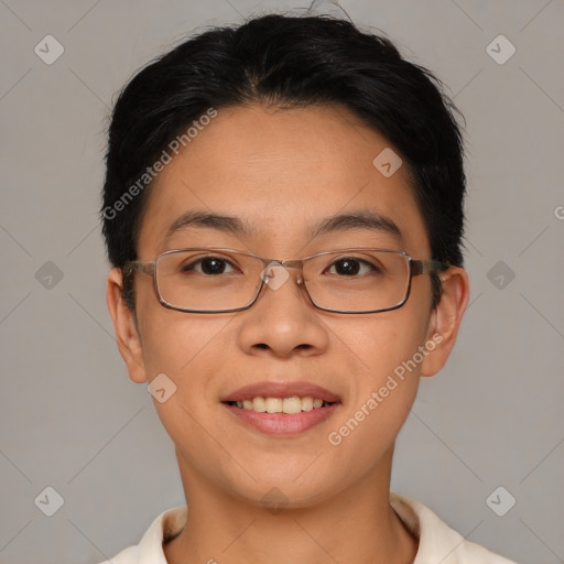 Joyful asian young-adult female with short  brown hair and brown eyes