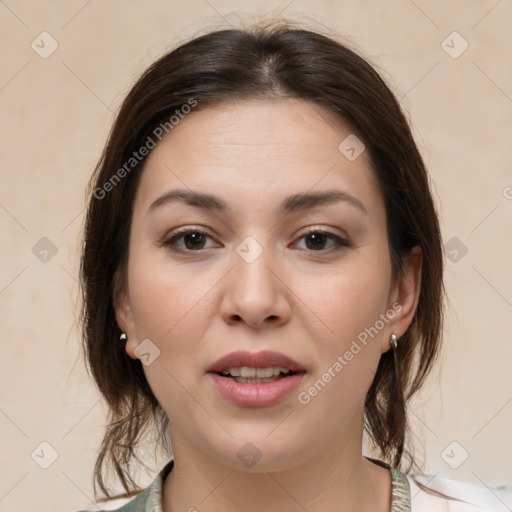 Joyful white young-adult female with medium  brown hair and brown eyes