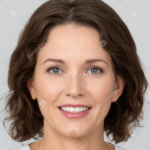 Joyful white young-adult female with medium  brown hair and green eyes