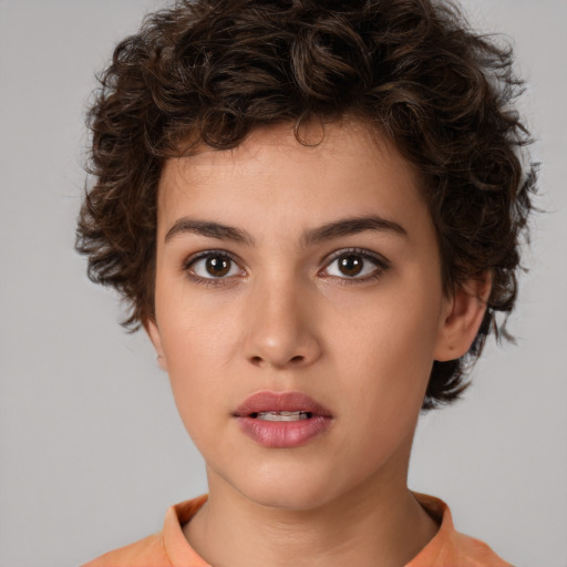 Neutral white young-adult female with medium  brown hair and brown eyes