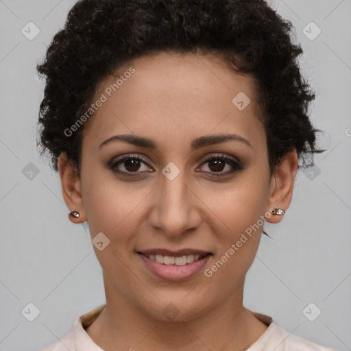 Joyful latino young-adult female with short  brown hair and brown eyes