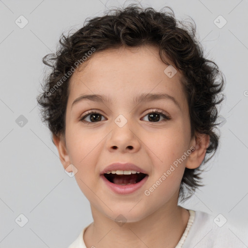 Joyful white child female with short  brown hair and brown eyes