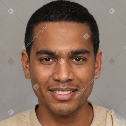 Joyful black young-adult male with short  black hair and brown eyes