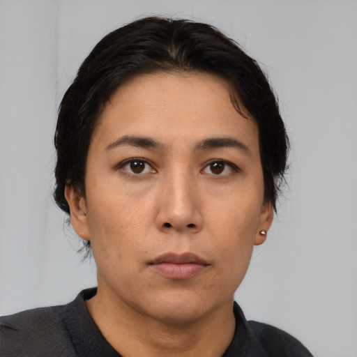 Neutral asian young-adult female with short  black hair and brown eyes
