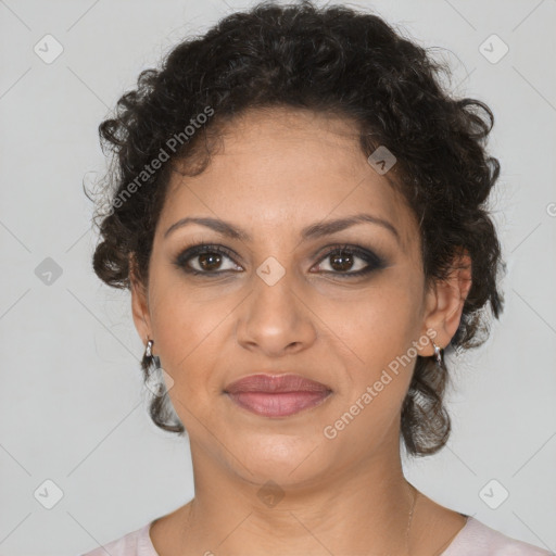 Joyful latino young-adult female with short  brown hair and brown eyes