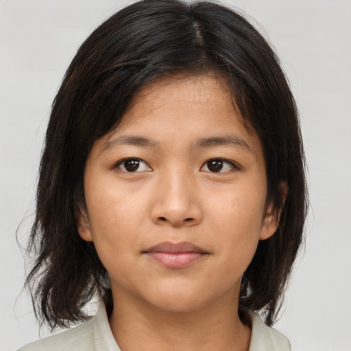 Neutral asian young-adult female with medium  brown hair and brown eyes
