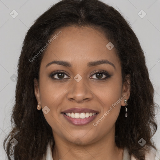 Joyful white young-adult female with long  brown hair and brown eyes