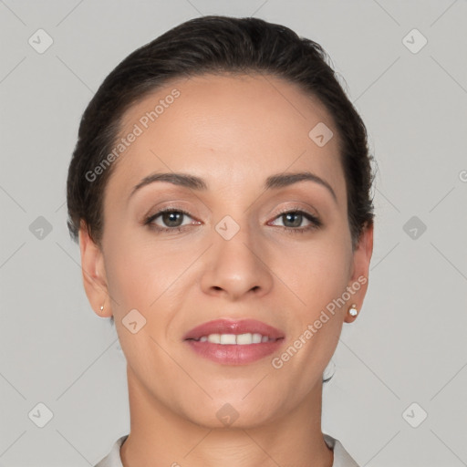 Joyful white young-adult female with short  brown hair and brown eyes