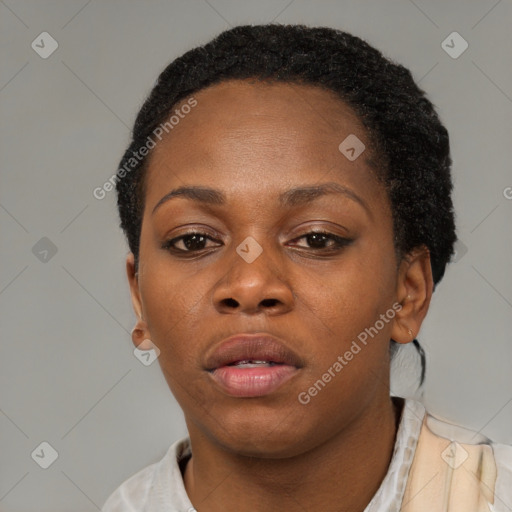 Neutral black young-adult female with short  black hair and brown eyes