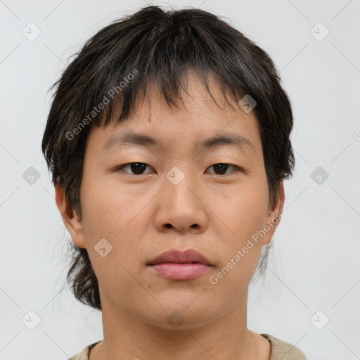 Neutral asian young-adult female with short  brown hair and brown eyes