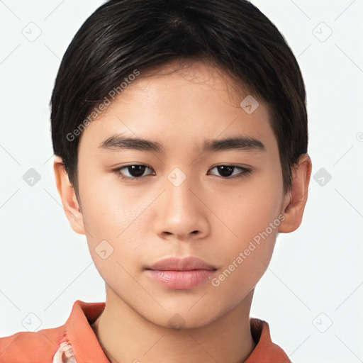 Neutral asian young-adult male with short  brown hair and brown eyes