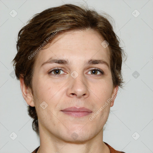 Joyful white adult female with short  brown hair and grey eyes