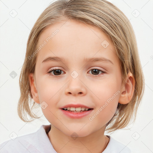 Joyful white child female with medium  brown hair and blue eyes