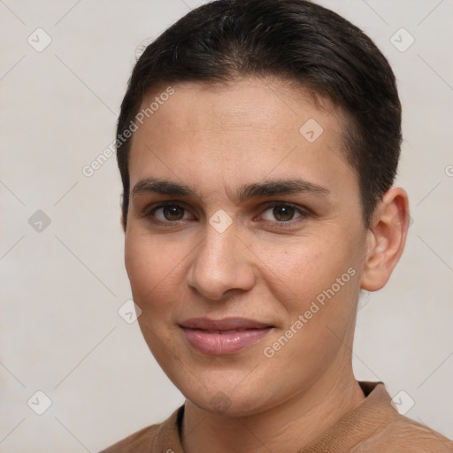 Joyful white young-adult female with short  brown hair and brown eyes