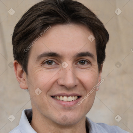 Joyful white adult male with short  brown hair and brown eyes