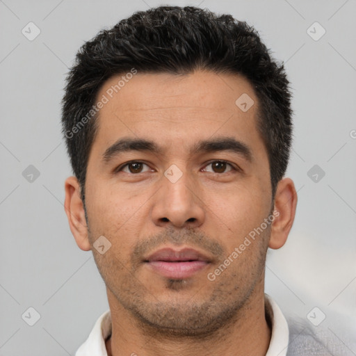 Neutral asian young-adult male with short  black hair and brown eyes