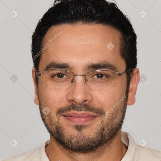 Joyful white adult male with short  black hair and brown eyes