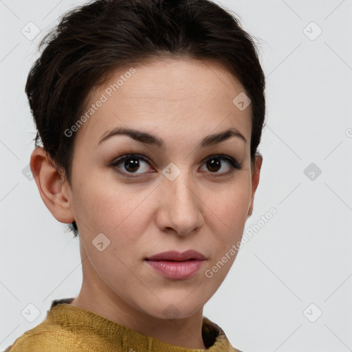 Joyful white young-adult female with short  brown hair and brown eyes