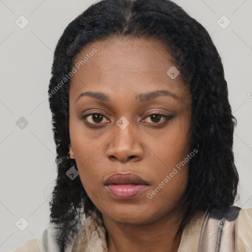 Neutral black young-adult female with medium  black hair and brown eyes