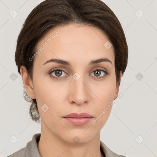 Neutral white young-adult female with medium  brown hair and grey eyes