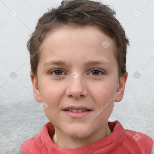 Joyful white child female with short  brown hair and brown eyes