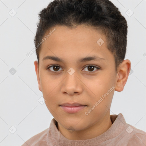 Joyful latino young-adult male with short  brown hair and brown eyes