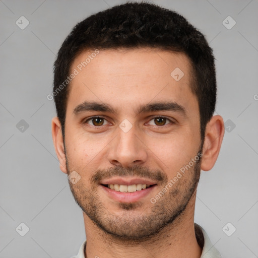 Joyful white young-adult male with short  brown hair and brown eyes