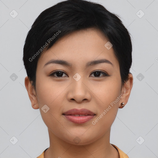 Joyful asian young-adult female with short  brown hair and brown eyes
