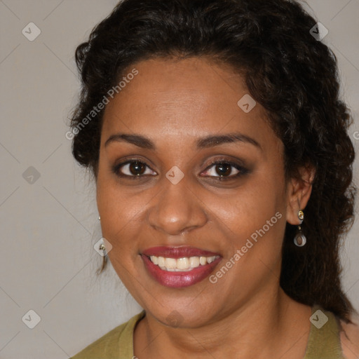 Joyful black young-adult female with medium  brown hair and brown eyes