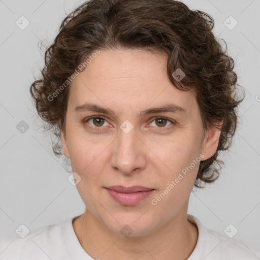 Joyful white young-adult female with medium  brown hair and green eyes