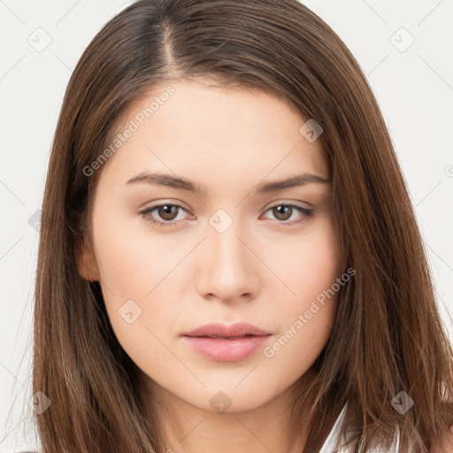 Neutral white young-adult female with long  brown hair and brown eyes