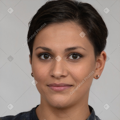 Joyful white young-adult female with short  brown hair and brown eyes